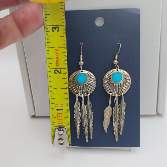 Vtg Native Southwest Sterling Silver Turquoise Feather Dangle Earrings - READ - Picture 4 of 8